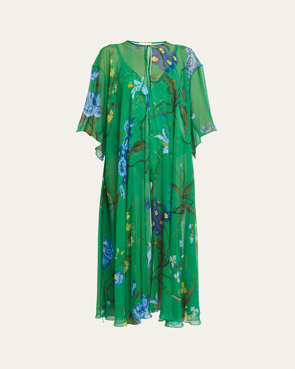 Floral-Print Silk Open Maxi Kaftan Dress