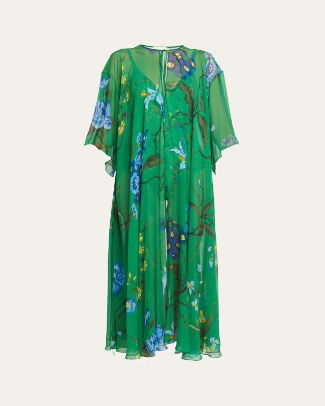 Floral-Print Silk Open Maxi Kaftan Dress