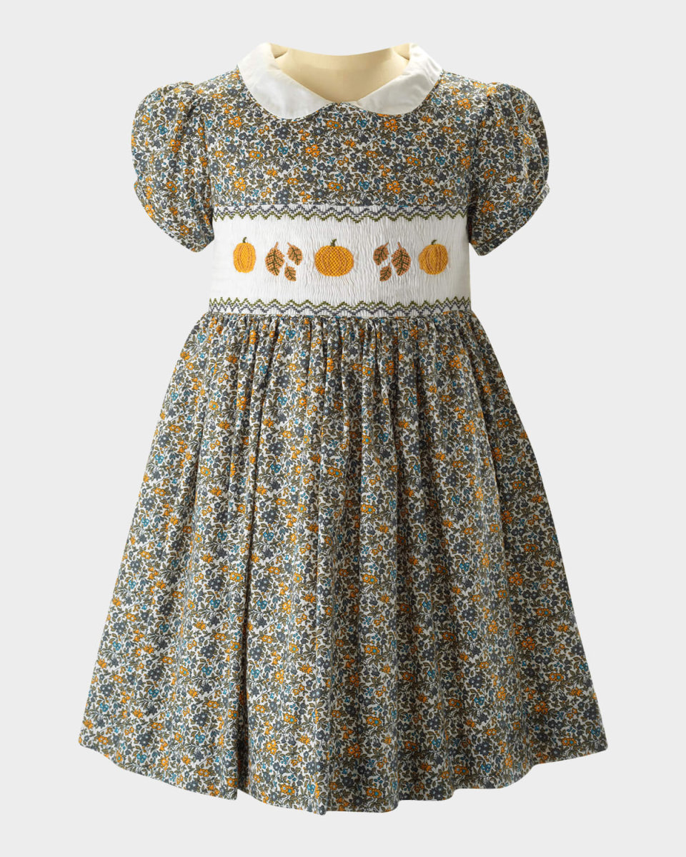 Girl's Pumpkin Smocked Floral-Print Dress, Size 2-10