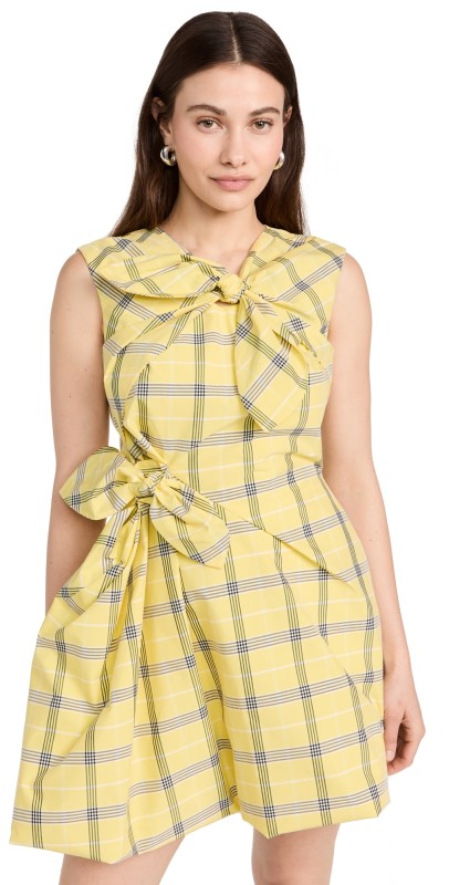 MSGM Poplin Check Short Draped Dress with Bows Yellow