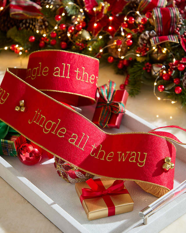Embroidered Felt Jingle All the Way Ribbon with Bells, 4" x 5 Yards
