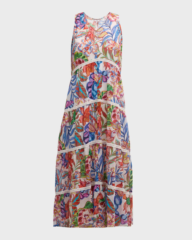 Tiered Lace-Trim Floral-Print Midi Dress