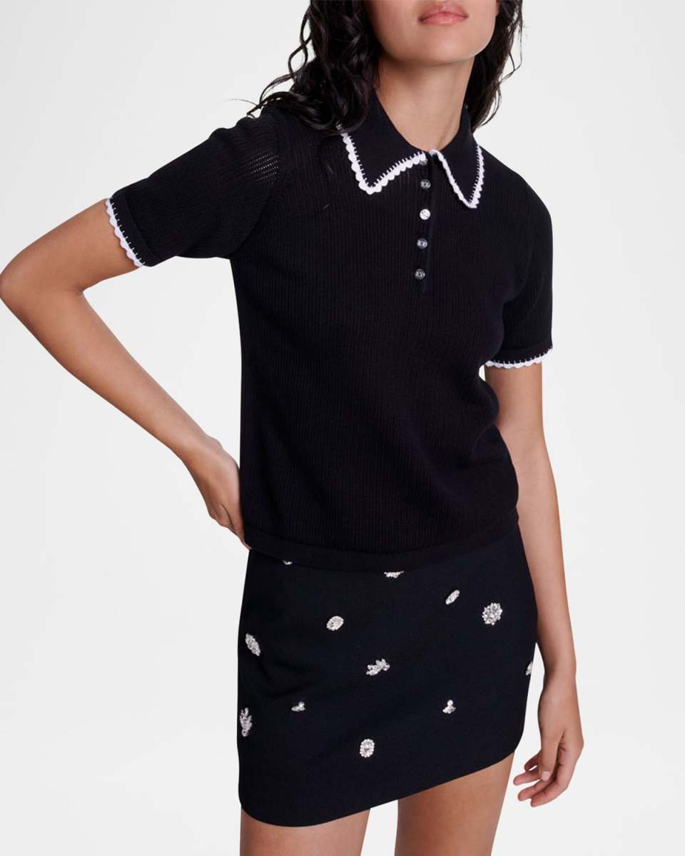Mind Pointelle Knit Polo Sweater