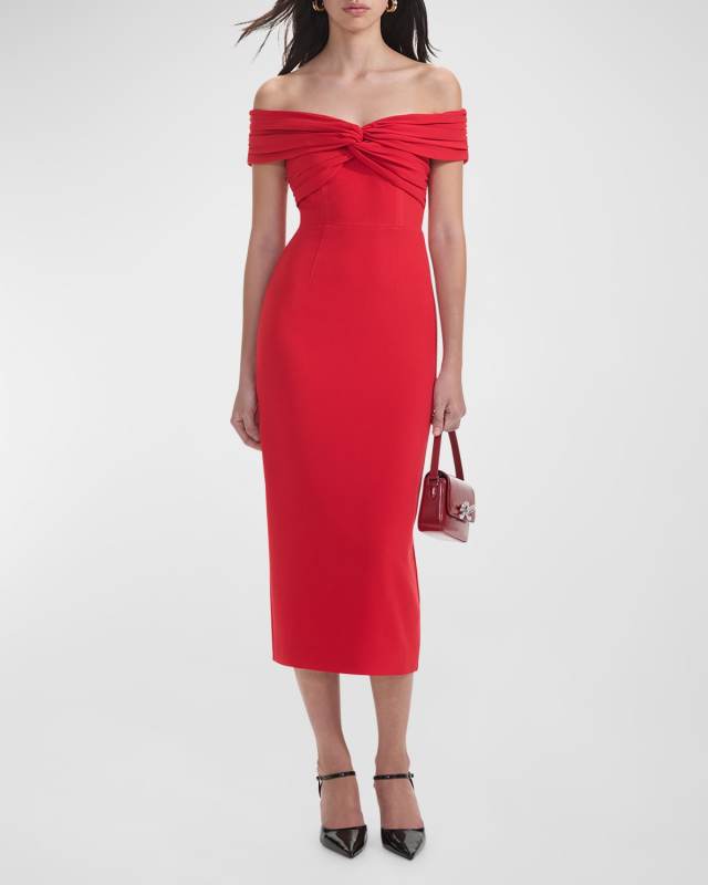 Off-Shoulder Ruched Sheath Midi Dress