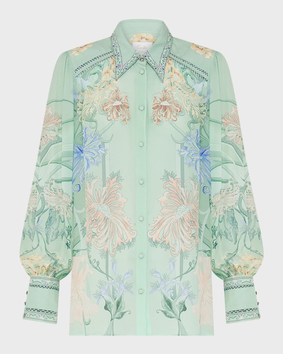 Floral Silk Button-Front Blouson-Sleeve Blous