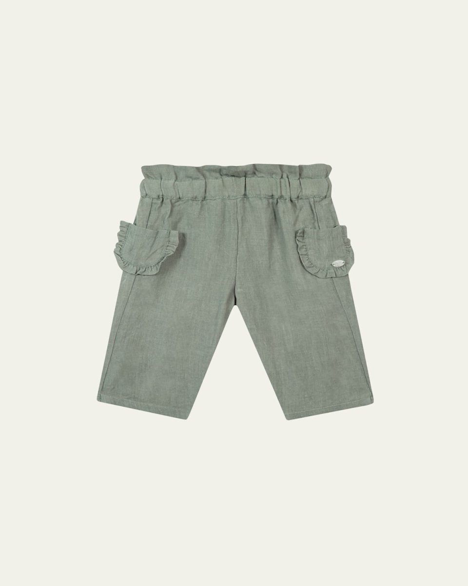 Girl's Ruffle-Trim Linen Pants, Size 6M-12