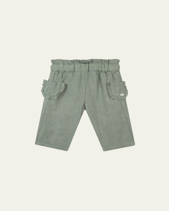 Girl's Ruffle-Trim Linen Pants, Size 6M-12