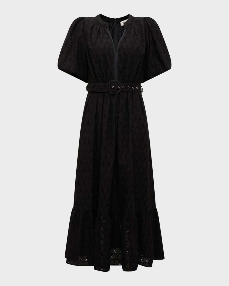 Polina Puff-Sleeve Flounce Eyelet Midi Dress