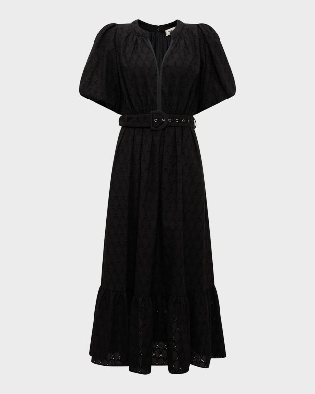 Polina Puff-Sleeve Flounce Eyelet Midi Dress