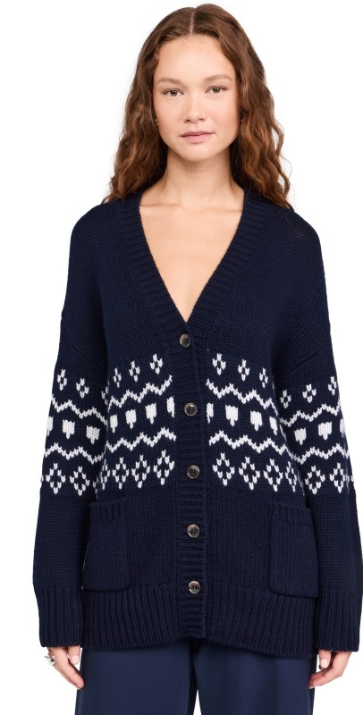 LISA YANG Greyson Cashmere Cardigan Navy/Cream Jacquard