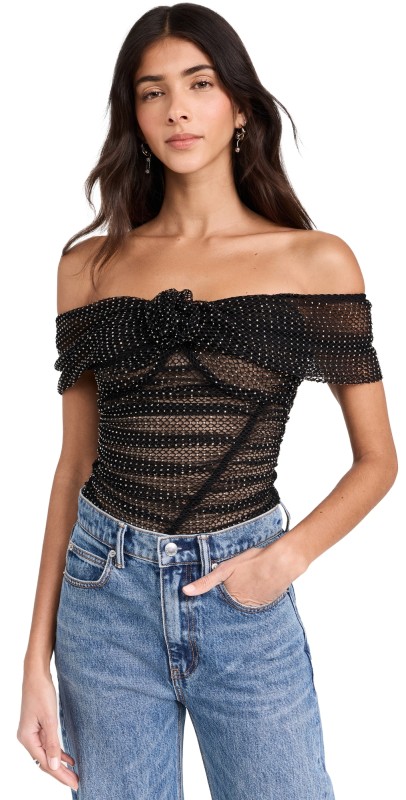 Self Portrait Black Rhinestone Fishnet Top Black