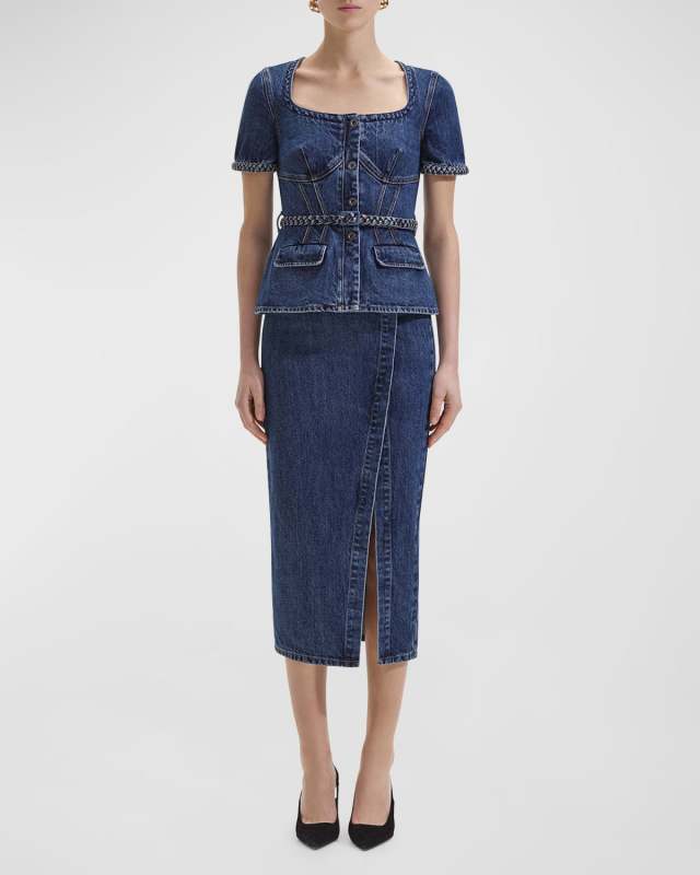 Belted Square-Neck Denim Midi Dress