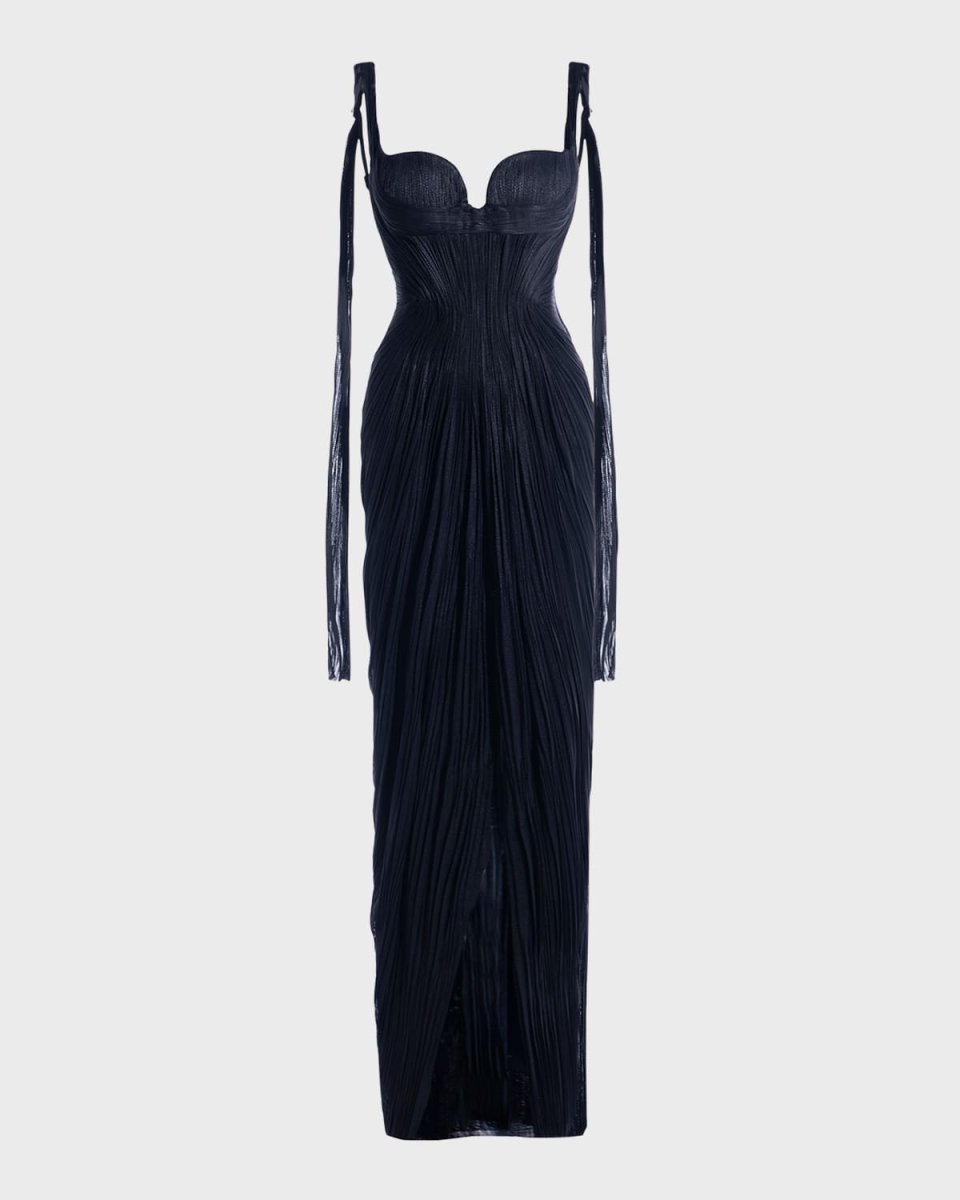 Anais Backless Draped Plisse Bustier Gown