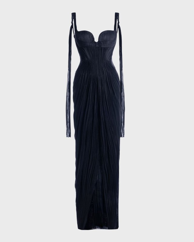 Anais Backless Draped Plisse Bustier Gown