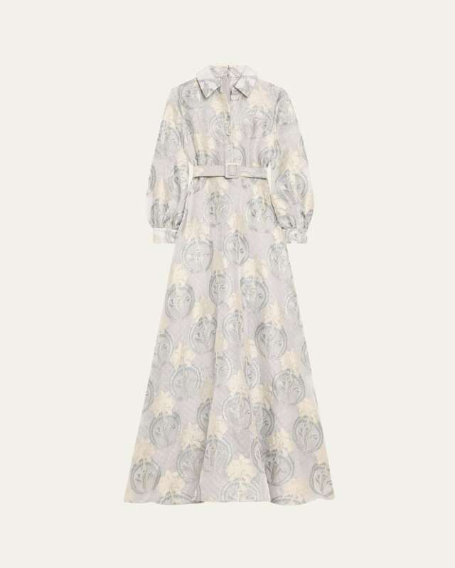 Belted Floral Jacquard Shirt Gown