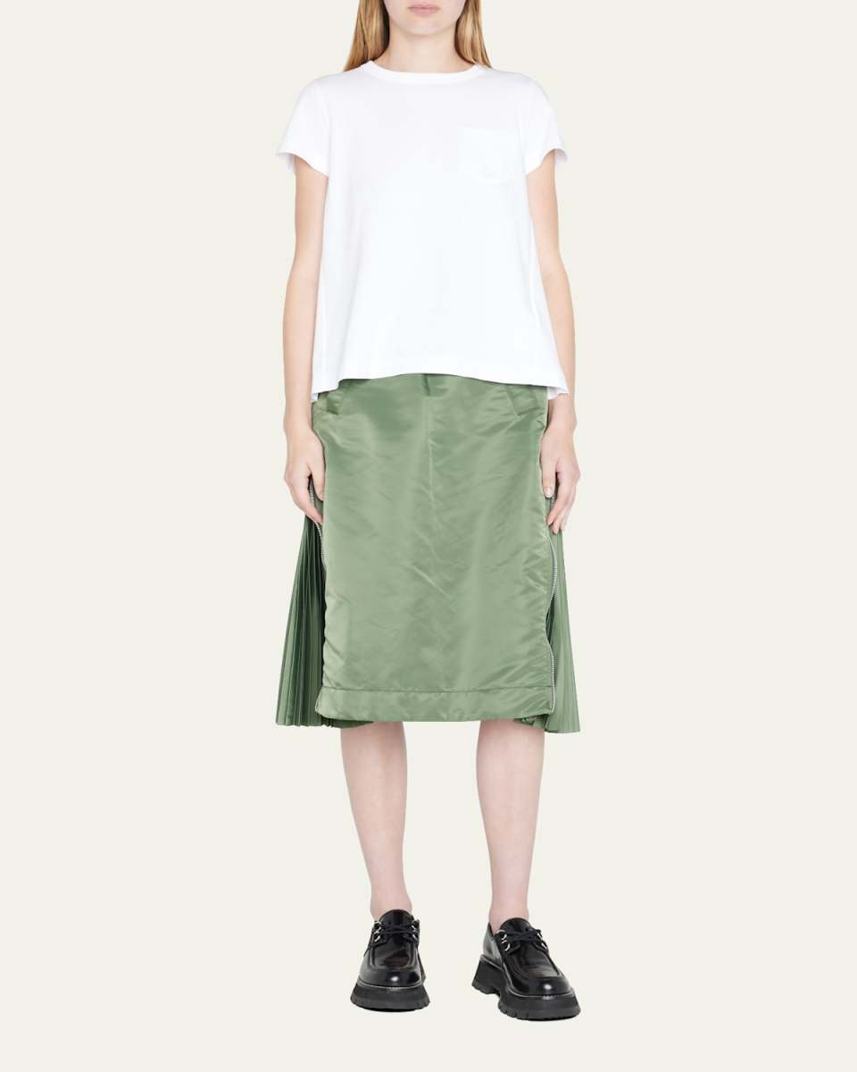 Taffeta Zip-Pleated Midi Skirt