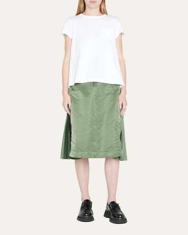 Taffeta Zip-Pleated Midi Skirt
