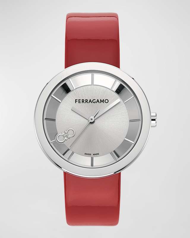 35mm Ferragamo Curve V2 Watch with Patent Leather Strap, Red