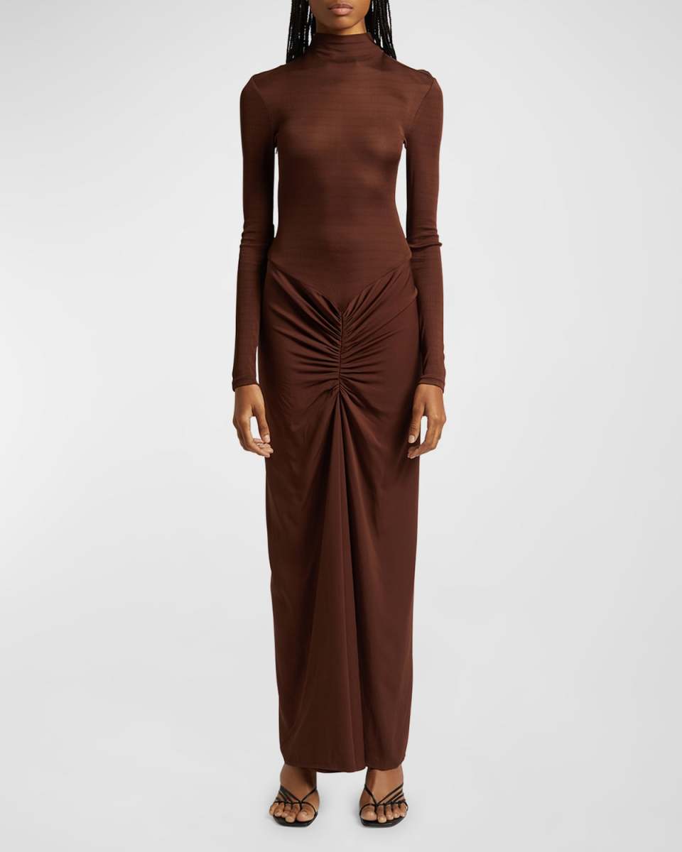 Fusion Turtleneck Long-Sleeve Gathered Maxi Dress