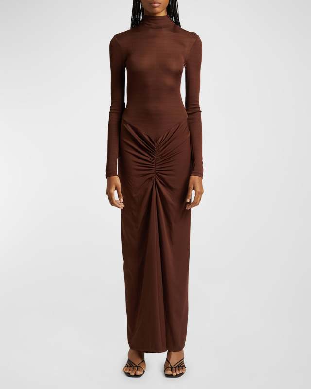 Fusion Turtleneck Long-Sleeve Gathered Maxi Dress