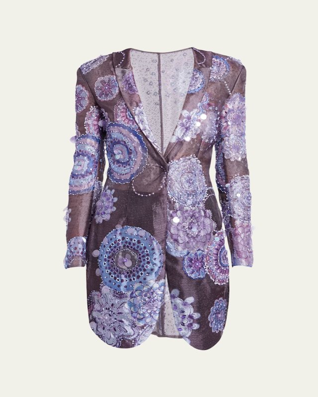 Sheer Printed Blazer Jacket with Beaded Details