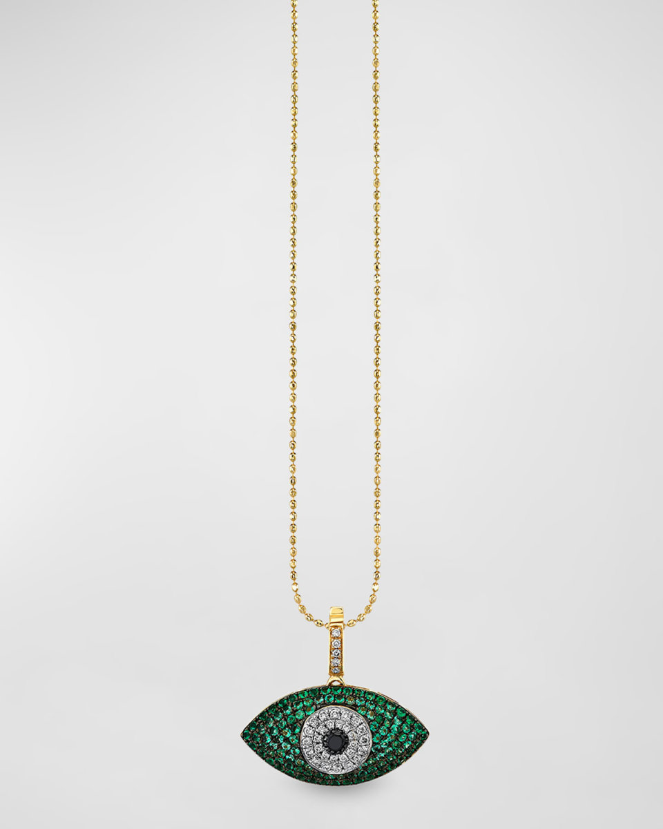 14K Gold Puffy Evil Eye Charm Necklace with Diamonds and Emeralds