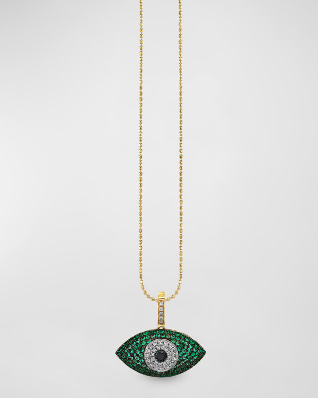 14K Gold Puffy Evil Eye Charm Necklace with Diamonds and Emeralds