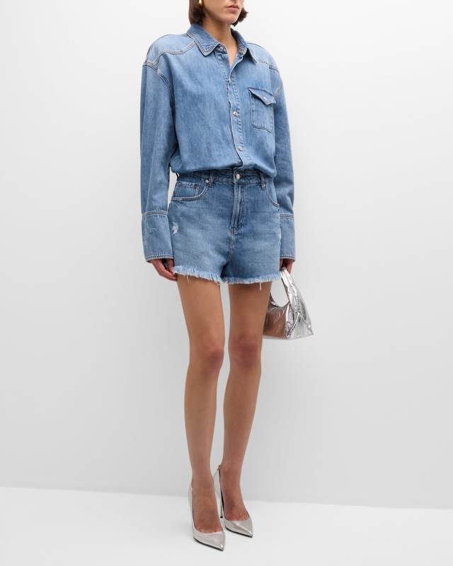 Annie Long-Sleeve Frayed Denim Romper