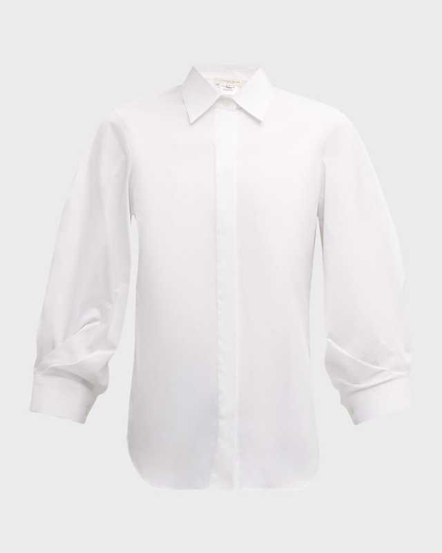 Pleated-Sleeve Cotton Blouse