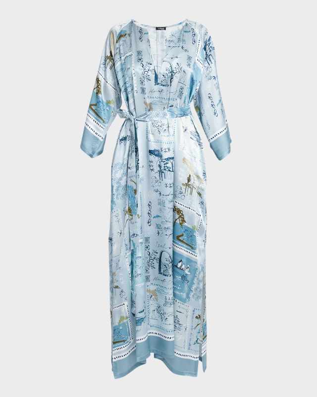 Capri Print Belted 3/4-Sleeve Silk Maxi Caftan Dress