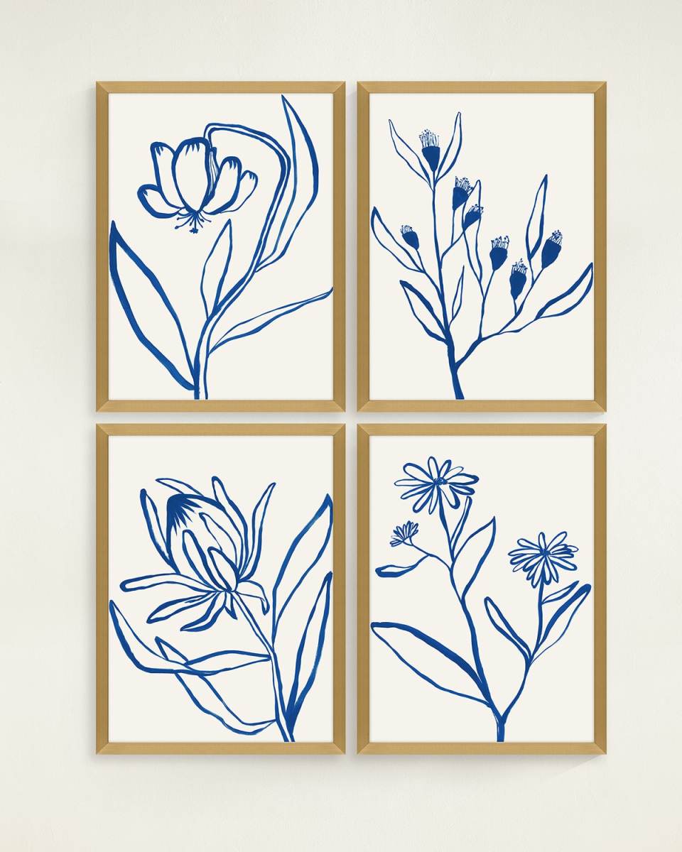 "Indigo Flower" Framed Giclees by Bella Lane, 24" x 32" - Set of 4