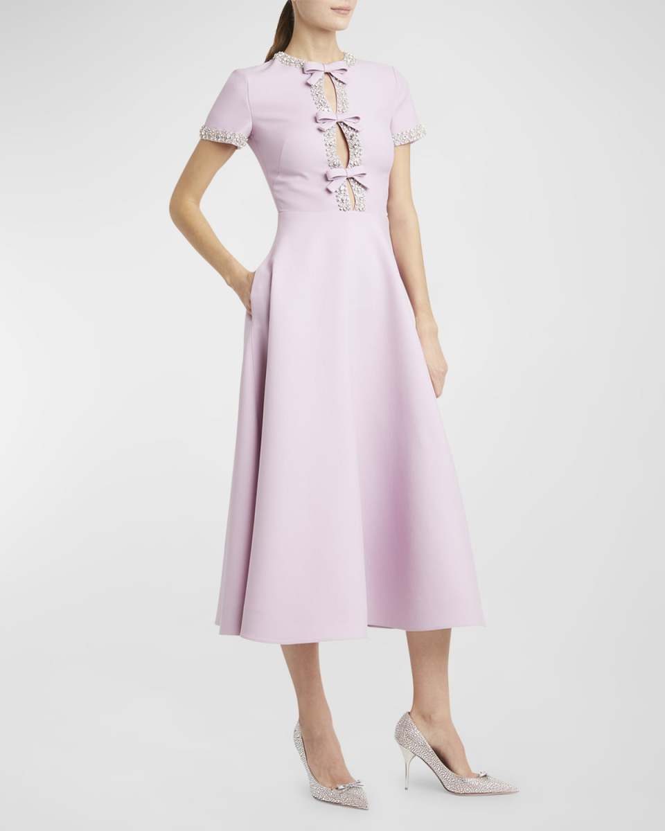 Cutout Midi Dress with Crystal Embroidery and Bow Details