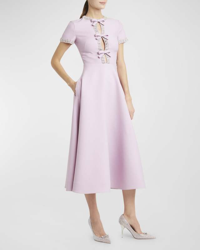 Cutout Midi Dress with Crystal Embroidery and Bow Details