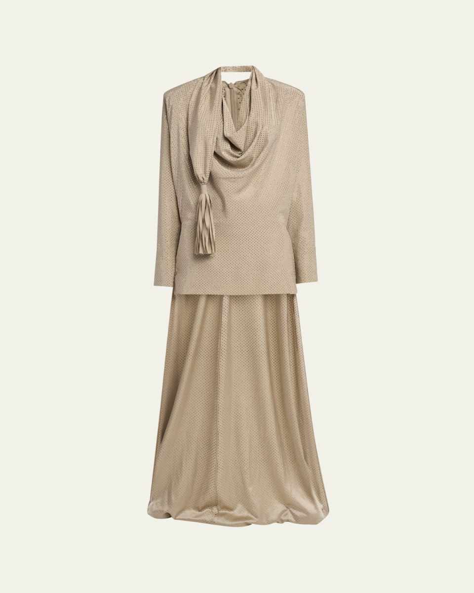 Hotfix Crystal Embellished Mini Dress with Draped Tassle Detail