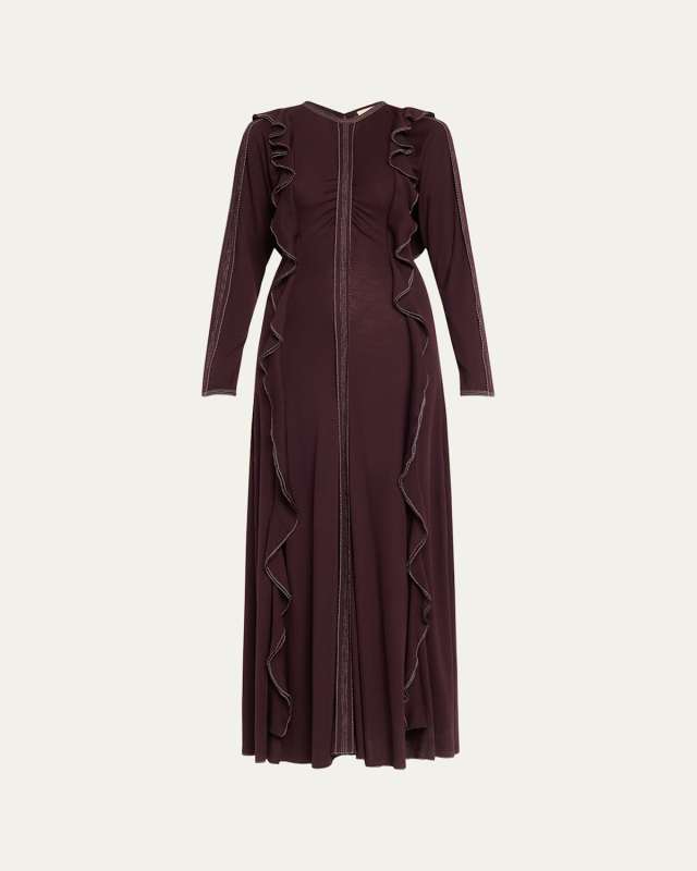 Analia Topstitched Wool Ruffle Midi Dress