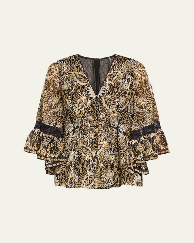 Ele Floral-Print Metallic Fleck Blouse