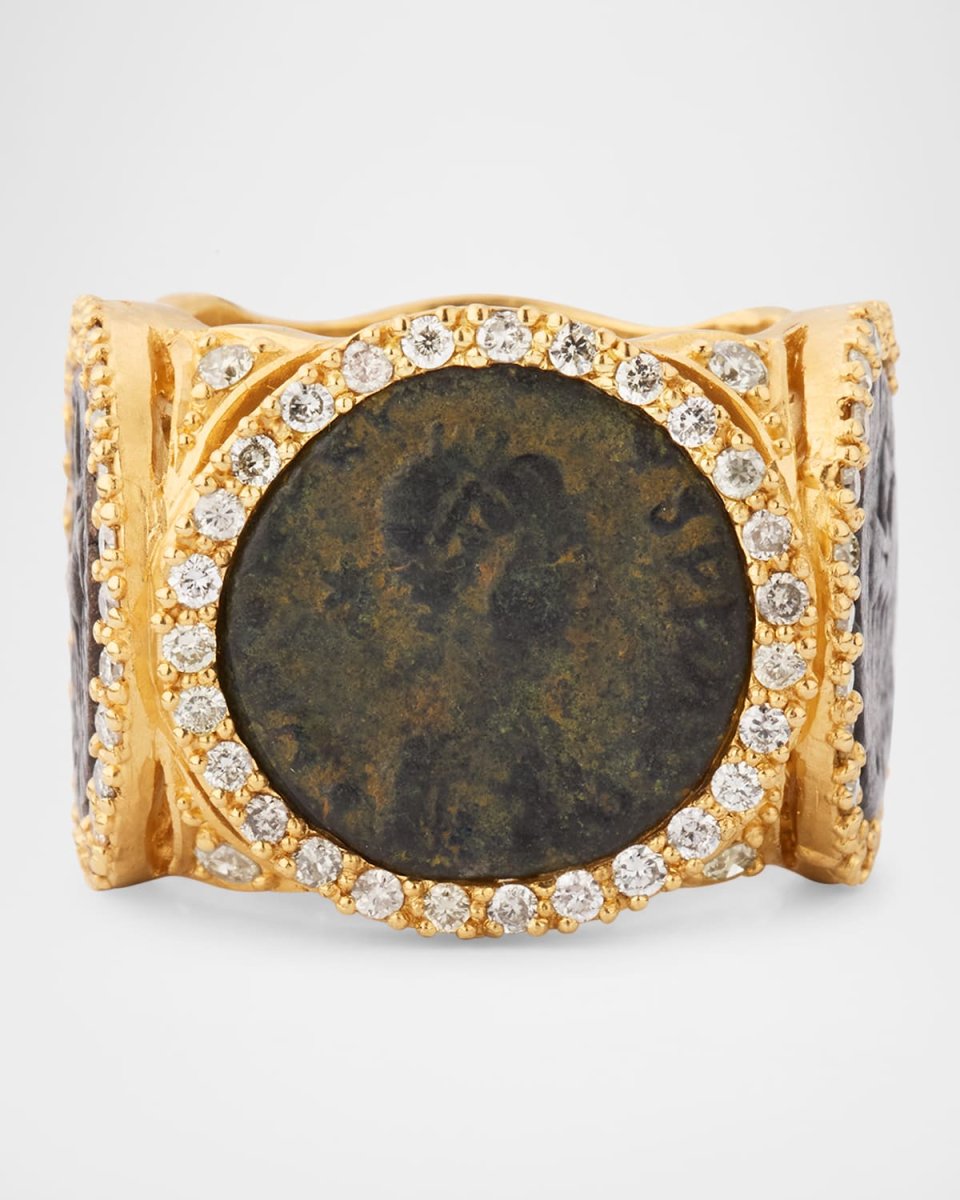 20K Yellow Gold Coin Band Ring with Diamonds, Size