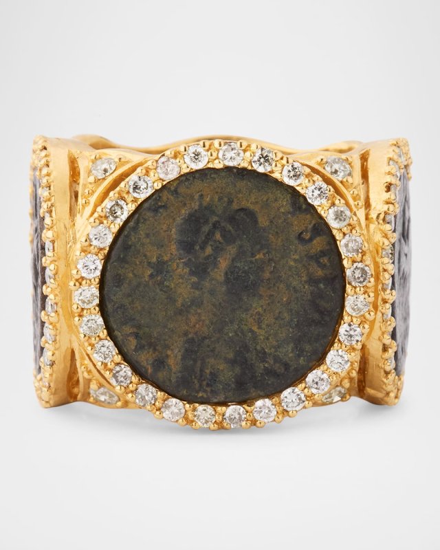 20K Yellow Gold Coin Band Ring with Diamonds, Size