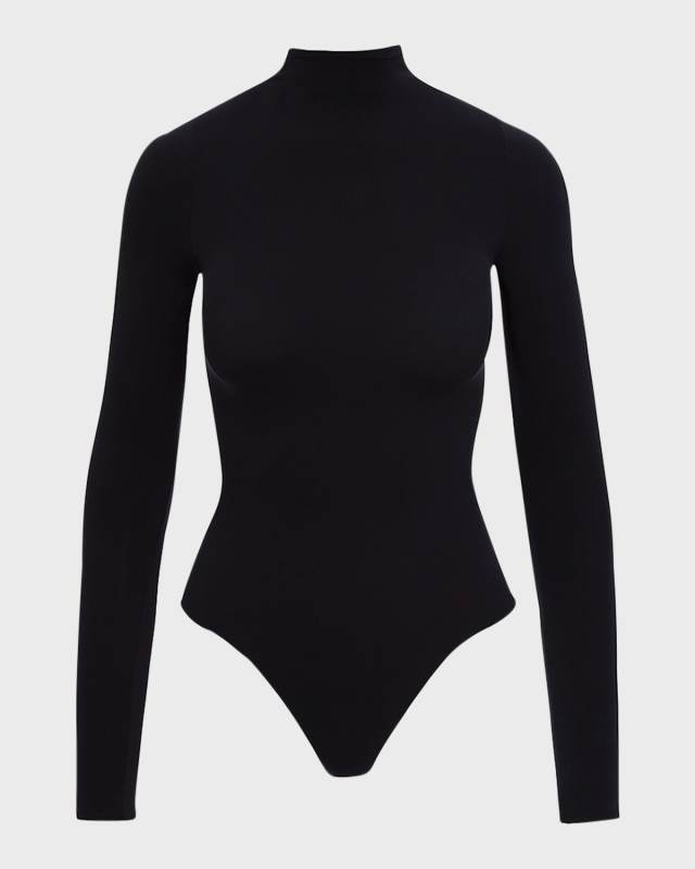 Mock-Neck Long-Sleeve Ballet Bodysuit, One Size