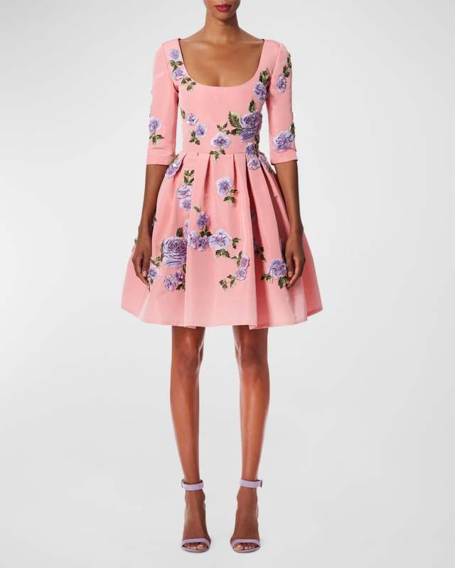 Floral Embroidered Sequined Scoop-Neck 3/4-Sleeve Pleated Dress