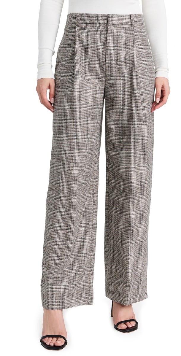 Vince High Rise Wool Blend Plaid Trousers Heritage Grey