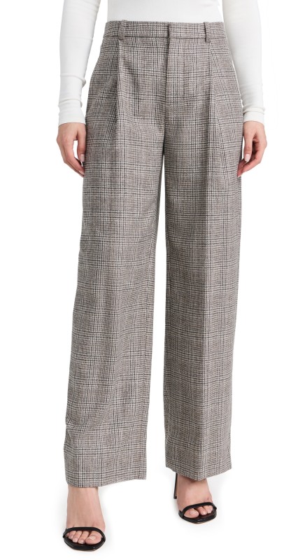 Vince High Rise Wool Blend Plaid Trousers Heritage Grey