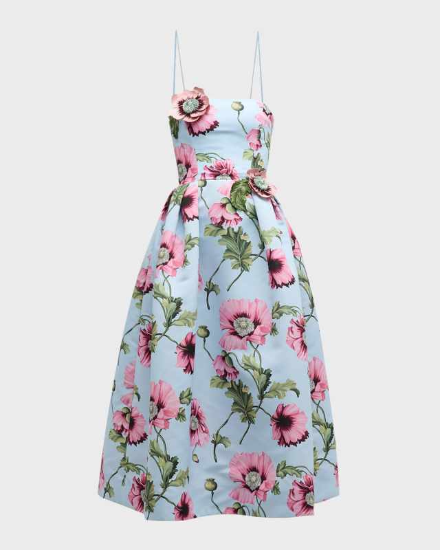 Flower Embroidered Strapless Poppies Faille Midi Dress