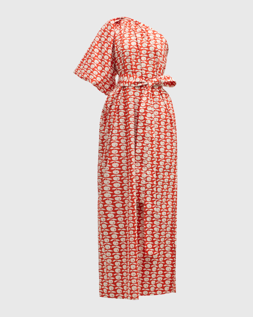 One-Shoulder Apple-Print Column Maxi Dress