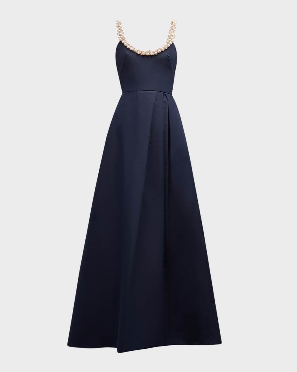 Beaded-Neckline Sleeveless Pleated Slit Gown