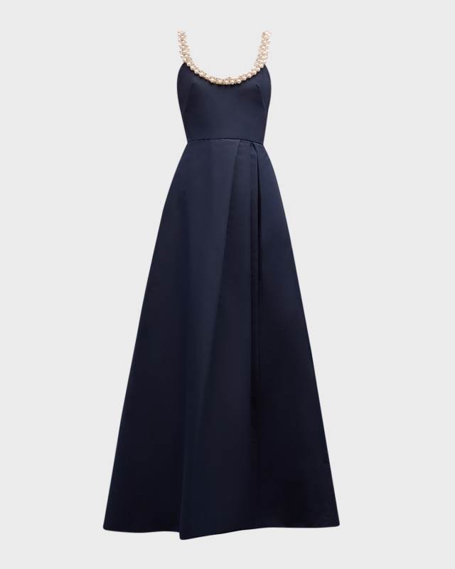 Beaded-Neckline Sleeveless Pleated Slit Gown