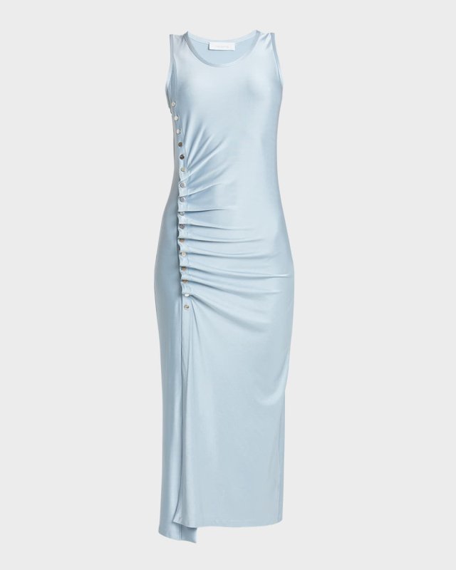Ruched Midi Dress with Button Detail