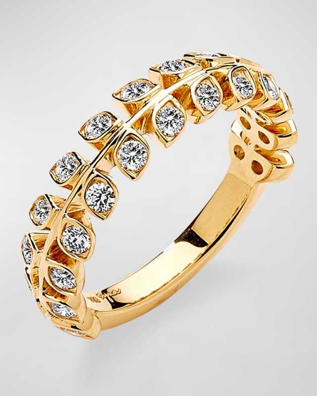 18K Yellow Gold Diamond Leaf Ring, Size