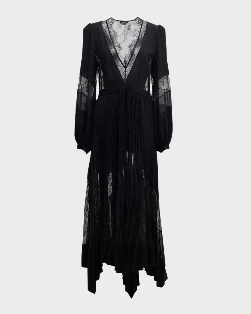 Plunging Long-Sleeve Plisse Crepe Chiffon Lace Asymmetrical Midi Dress