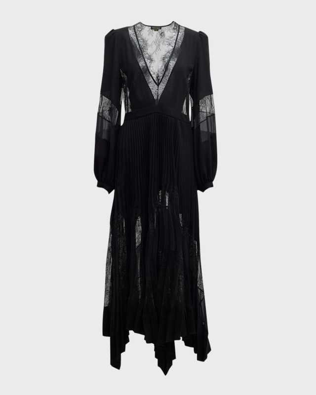 Plunging Long-Sleeve Plisse Crepe Chiffon Lace Asymmetrical Midi Dress